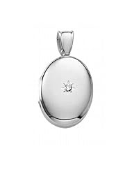 14k White Gold Premium Weight Oval Locket with Diamond 1/2 inch x 5/8 inch in Solid 14K White Gold