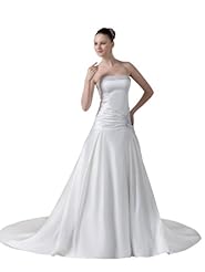 A-line Strapless Spring Fall Satin Crystal  Beaded Wedding Dress  with a Chapel Train  With Rhinestones