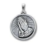 24in Rhodium-plated Praying Hands with Serenity Prayer Medal Necklace