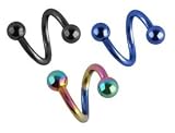 3 pc lot Rainbow, Black, Blue Anodized titanium Twist Spiral Ring lip tragus eyebrow ear belly nipple - 16 gauge, 16g