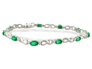 14K White Gold Genuine Oval Emerald and Diamond Bracelet
