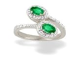 14K White Gold Genuine Oval Emerald and Diamond Bypass Ring