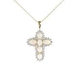 Genuine White Opal Cross with Diamond Accents and 10K Yellow Gold Pendant with Chain Necklace Gift Boxed