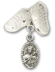 Sterling Silver Baby Badge with O/L of Czestochowa Charm and Baby Boots Pin