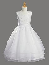 Hot Sale White Sleeveless Embroidered Organza Communion Dress with Pearled Accented Bodice - Size 7