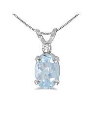 10k White Gold Oval Aquamarine And Diamond Pendant with 16" Chain
