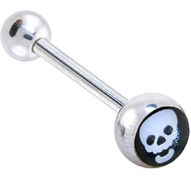 Black and White SKULL Logo Barbell Tongue Ring by Black Steel Tongue Rings
