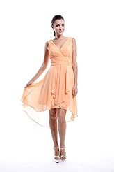 A-line V-neck Sleeveless High-Low-Hem Short Chiffon Lace Ruched Bridesmaid Dress 