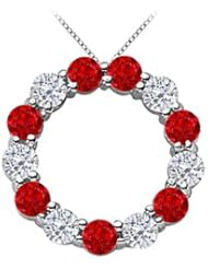 14K White Gold Natural Ruby and Diamond Circle of Life Eternity Pendant in 2 Carat TGW