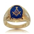Blue Masonic Ring w Compass, Square, Bell, and Arrow in Yellow Gold