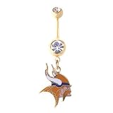 Minnesota Vikings 316L Stainless Steel Belly Ring with Cubic Zirconia - Gold Plated - 14G - 5/8 Inch Bar Length - Sold Individually