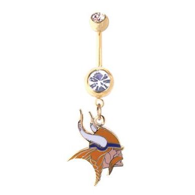 Minnesota Vikings 316L Stainless Steel Belly Ring with Cubic Zirconia - Gold Plated - 14G - 5/8 Inch Bar Length - Sold Individually