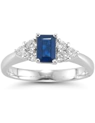 0.30 Cts Diamond & 0.60 Cts Blue Sapphire Ring in 14K White Gold