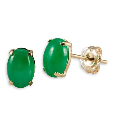 Solid 14k Yellow Gold Oval Green Jade Stud Earrings