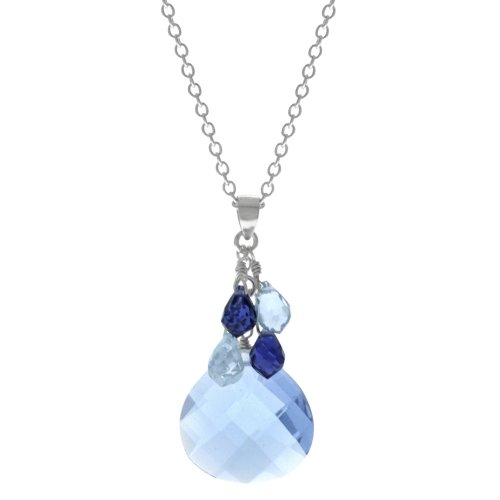 Sterling Silver 15×15mm Bright Blue Glass Briolette Cluster Pendant, 18″