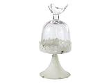 Small Antique White Pedestal Stand With Bird Topped Cloche Iron Glass Set Of 2
