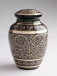 The Classic Cremation Urn. Hand Engraved Solid Brass With Black Lacquer Coat. 10 Height, Includes Velvet Storage & Display Box.