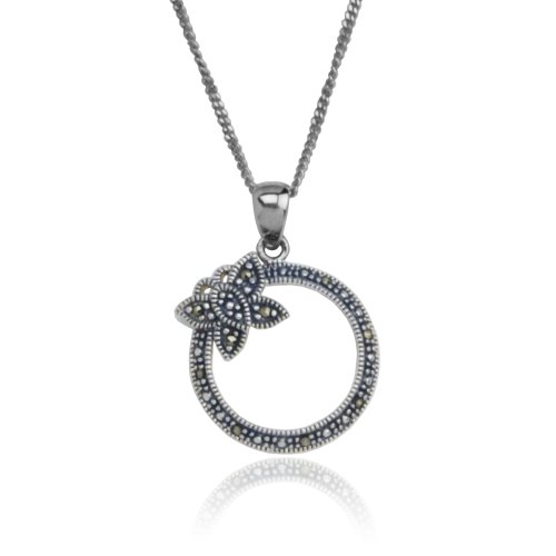 Sterling Silver Marcasite Circle Butterfly Pendant, 18