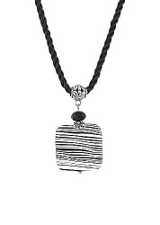 Necklace - N440 - Ceramic Stone Pendant Hung on a Triple-Strand Twisted Silk / Satin Cord + 2" Extension Chain - Square Shape ~ Black and White Stripes