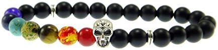 KOKY® 7 Chakra Stone and Matte Black Stones Beaded Bracelet with Silver Skull Head