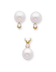 14k Yellow Gold 7-7.5mm S/Water Cultured Pearl Diamond Earrings & Pendant Set