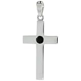 Sterling Silver Latin Cross Pendant, w/ Single Stone (0.12 Carat) Brilliant Cut Black Diamond, 1 (26mm) tall