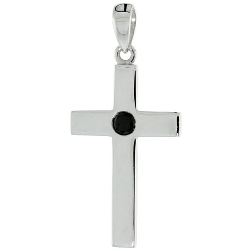 Sterling Silver Latin Cross Pendant, w/ Single Stone (0.12 Carat) Brilliant Cut Black Diamond, 1 (26mm) tall