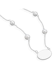 16 Inch Necklace with White Cultured Freshwater Pearls and Oval ID Tag