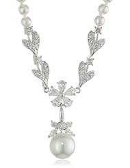 Sterling Silver Simulated Pearl and Cubic Zirconia Floral Frontal on Simulated Pearl Necklace, 16"
