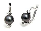 18K White Gold Natural Black 10.0mm Tahitian South-Sea Pearl Earrings, Set in an European Leverback and Enhanced with Bezel Set Diamonds.