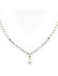 5-6mm White Freshwater Pearl Necklace with Sterling Silver Fancy Rectangle Links Center with 14K Yellow Gold Diamond Star and Pearl Drop Accent