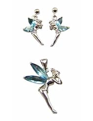 Kala-isjewels - Silver Sterling Ladies Blue Topaz CZ color Fairies Pendant(1") and Earrings (0,78" )Set .