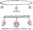 14 Karat White Gold 9" Flat Gucci Style 3 Pink Stone Heart Charm Anklet