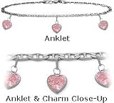 14 K White Gold 9" Flat Gucci Style 3 Created 1.00 tcw. Tourmaline Pink Stone Heart Charm Anklet