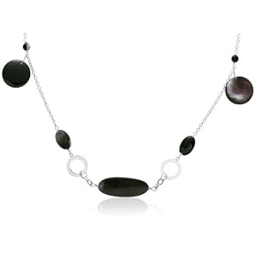 Sterling Silver, Onyx and Grey Mother-of-Pearl Necklace, 32