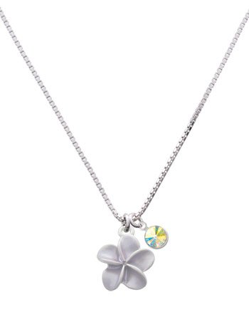 Pearl Purple Plumeria Flower Charm Necklace with AB Swarovski Crystal Drop