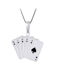 Sterling Silver Enamel Playing Cards Necklace Pendant Displaying Royal Spades Flush with Box Chain
