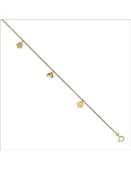 14k Yellow Gold, Hanging Beads and Flower Design Charm Anklet Rolo Link Chain