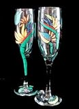 Bird of Paradise Design - Hand Painted - Matching Set of Toasting Flutes - 6 oz.