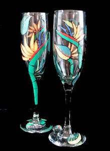 Bird of Paradise Design   Hand Painted   Matching Set of Toasting Flutes   6 oz.