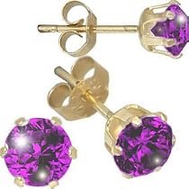 Jewelco London 9ct Yellow gold studs claw-set with 5mm Solitaire purple cubic zirconia stone