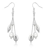 14k White Gold Rhodium Plated Alternating Matte and Shiny Bead 3-Strand Dangle Drop Earrings