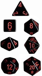 Chessex Dice: Polyhedral 7-Die Opaque Dice Set - Black with Red