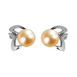 Natural Peach Pink 5.5-6mm Aster 14k Gold Diamond Cultured Pearl Stud Earrings - Dahlia Classic Collection