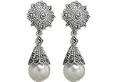Vintage Pearl & Marcasite Sterling Silver Dangle Earrings - Gems Couture