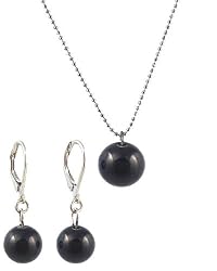 Necklace - Earrings Set - N505 - Glass Pearl Drop (10 mm) hung on 1 mm Ball Chain ~ Black