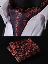 Pixel Handkerchief - Orange Navy Blue Floral Silk Cravat Scarves Ascot Hanky Handkerchief Set