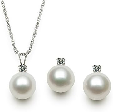 .925 Silver Button Cultured Fresh Water Pearl and White Topaz Pendant & Earring Set