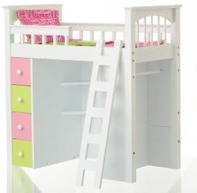 18 Doll White Loft Doll Bed with Hot Pink and Apple Green Bedding Set with Mattress, Pillow & Ladder Fits 18 American Girl Doll,Furniture Accessories by Laurent Doll