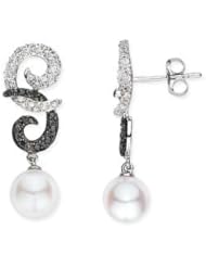 14k White Gold 3/8 CT TDW Black and White Accent Diamond Freshwater White Pearl Earrings (G-H, I1-I2)